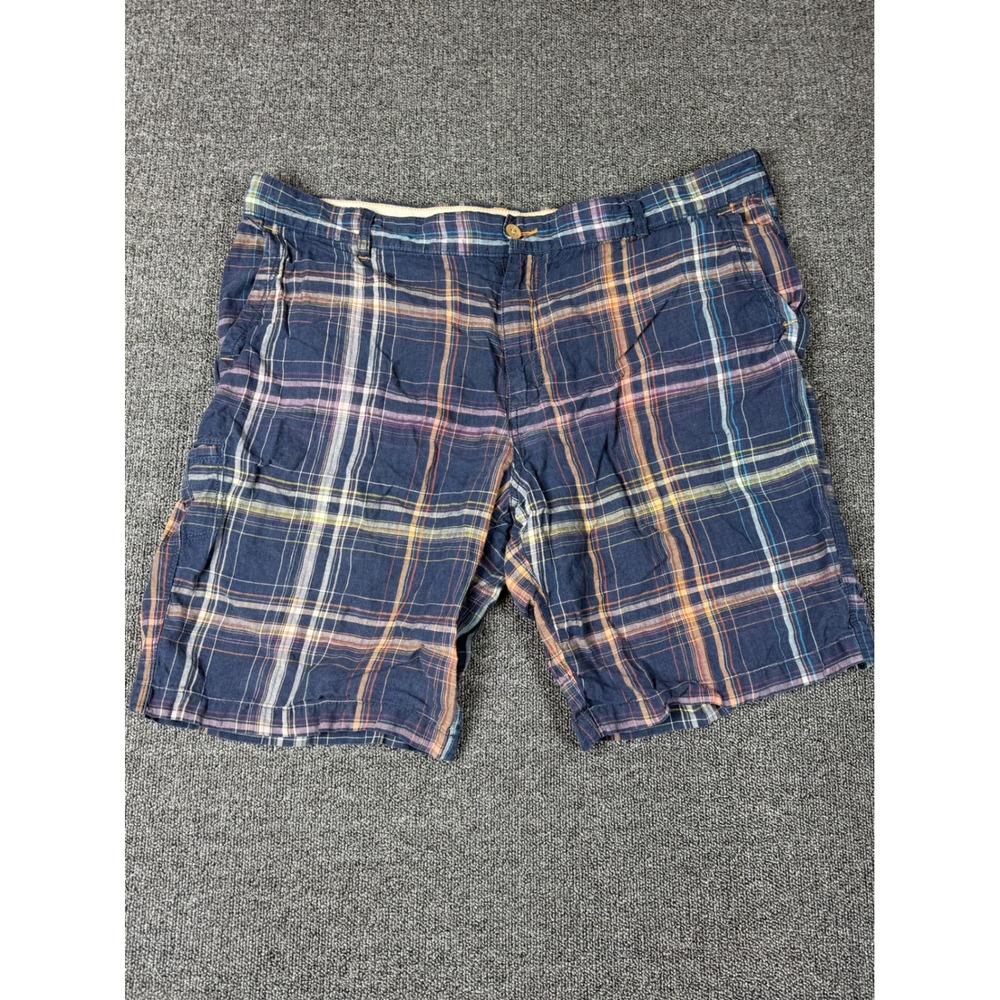 Tommy Bahama Relax Mens 42‎ Plaid Linen Shorts Navy Blue Orange Check